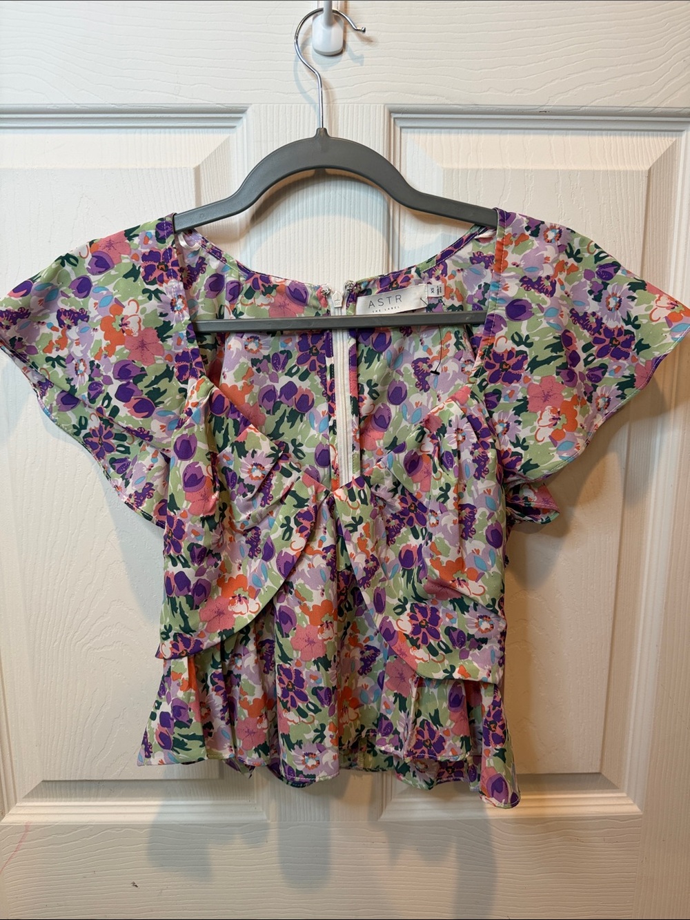 ASTR Floral Ruffle Flutter-Sleeve Blouse in Purple, Pink, Green, Orange